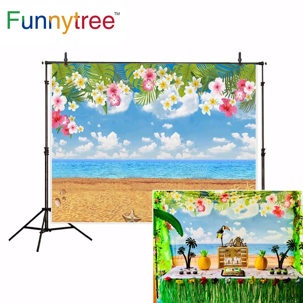 Funnytree Fotografi Photophone Pantai Kartun Bunga Awan Langit Biru Liburan Musim Panas Pesta Laut Latar Belakang Wallpaper Photocall Studio Props Photo Studio Propsphotography Backdrops Aliexpress