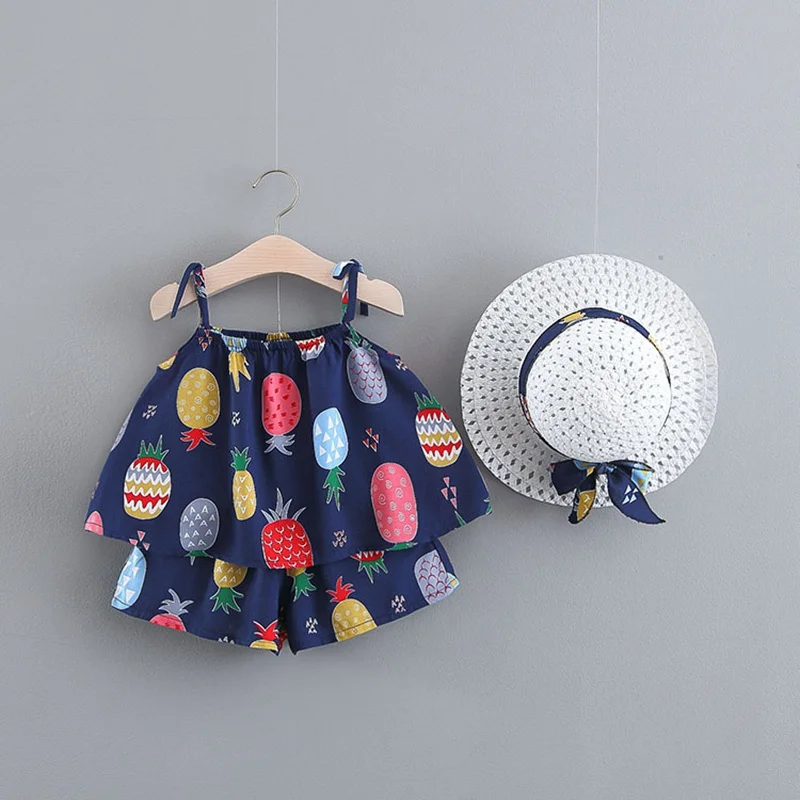 

Summer Baby Girls Clothes Sets Infants Toddler Spaghetti Strap Blouse Tops+Shorts Pants+Hat Princess Children Beach Sets S8976