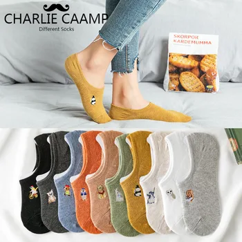 

5Pieces/lot Women Sock Embroidered Animal Ship Socks Cotton Spring Summer Ladies Harajuku Simplicity Non Slip Ankle Socks S201