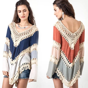 

Explosive European and American Bikini Cotton and Hemp Large Size Woman's Hollow Bikini Beach Blouse