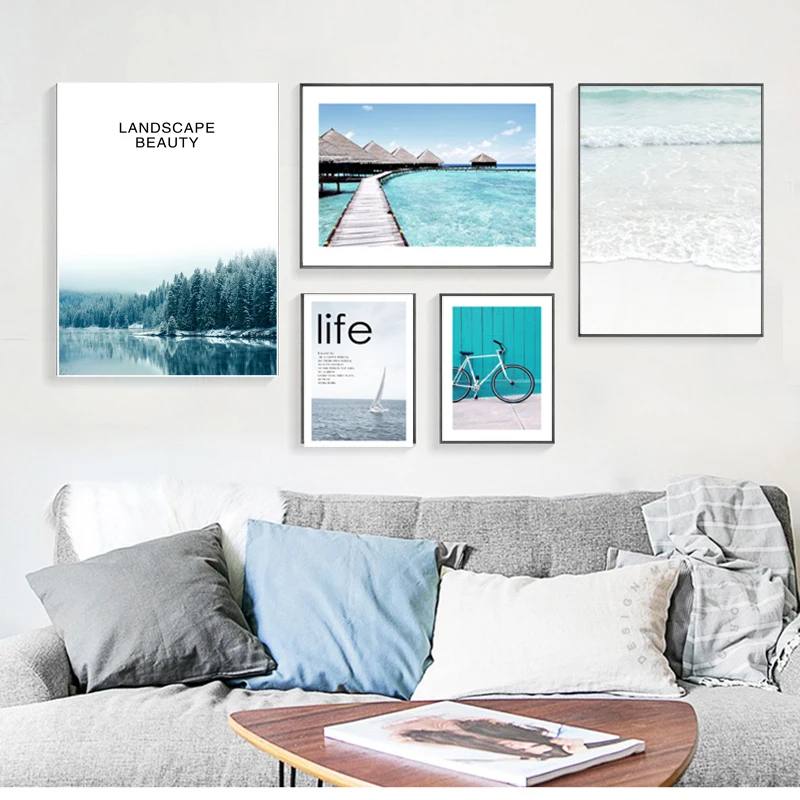 

Nordic Sea Canvas Poster Blue Landscape canvas Prints Wall Art Canvas Painting Canvas Wall Pictures For Living Room Unframed