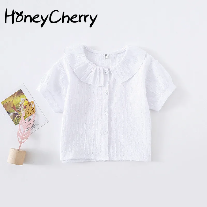 

South Korea Summer New Girl Cotton Shirt Children Hollow-out Jacquard Short Sleeve Top Girls School Blouses