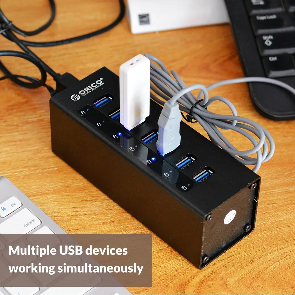 ORICO высокого Скорость Алюминий 7 Порты и разъёмы s USB 3,0 док-станция USB Порты и разъёмы 5 Гбит/с, украшенное мозаикой из драгоценных камней, 12V Мощность HDMI DVI Переходник HDMI DVI и 1 м USB3.0 кабель для передачи данных-(A3H7