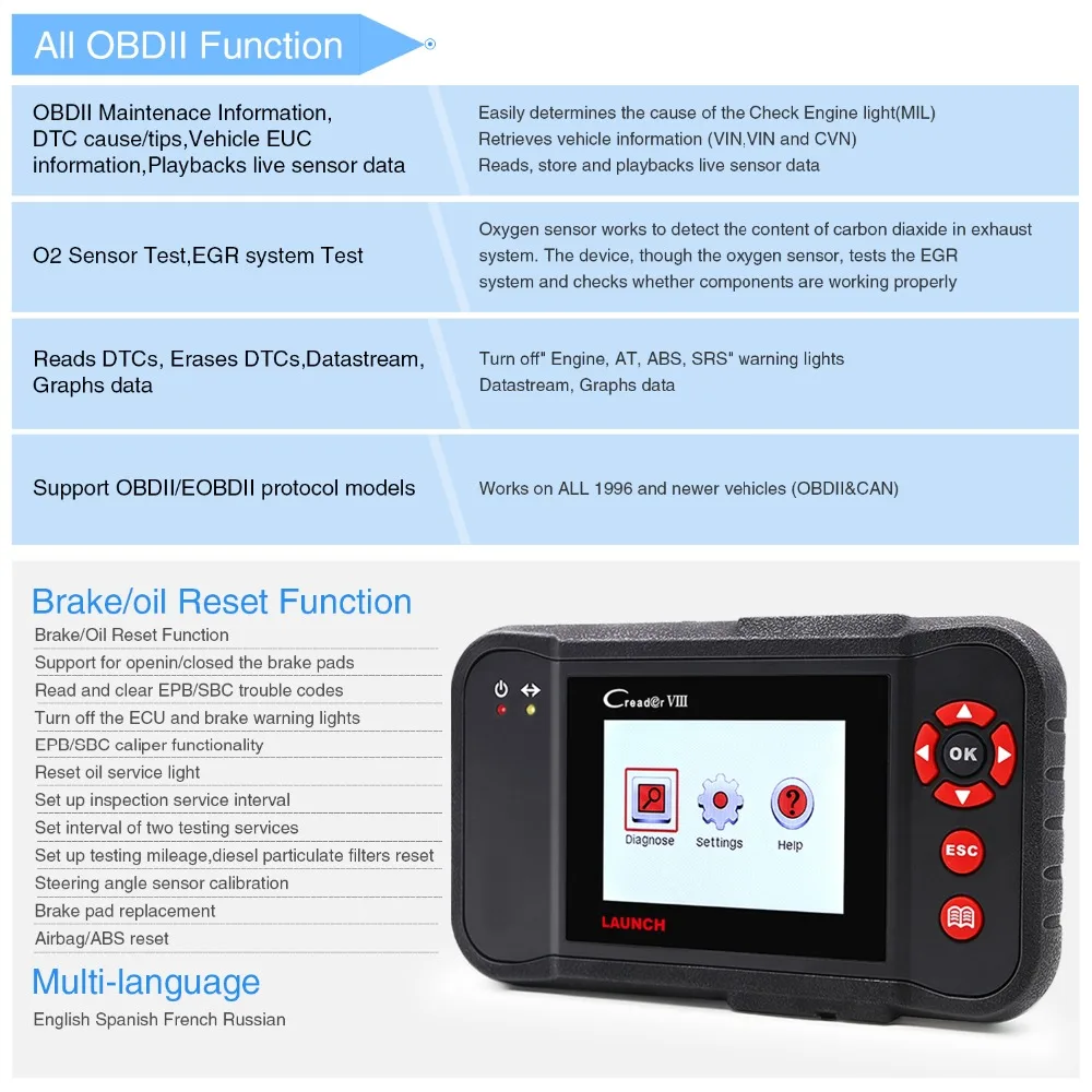LAUNCH X431 Creader 8 obd2 считыватель кода EOBD сканер тестер ENG/ABS/SRS/Подушка безопасности +
