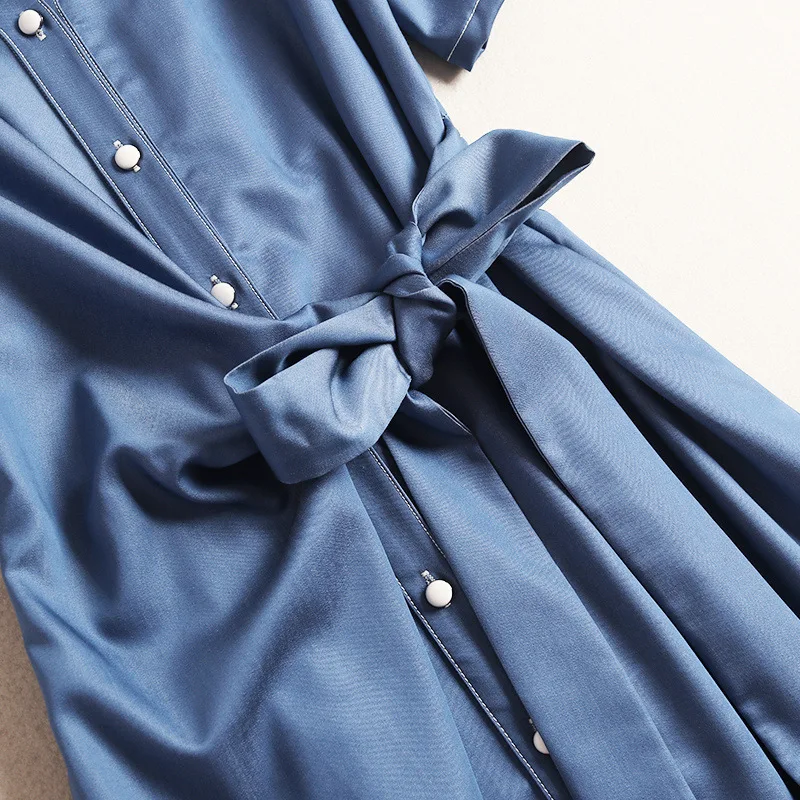 Women denim jeans summer dress short sleeve twist bow waist turn down collar a-line casual shirt dresses new 2019