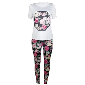 

2017 Fashion Floral Women Clothes Lady Short Sleeve T-shirt Tops Pants Floral Printed 2pcs Suits Summer Women Sets