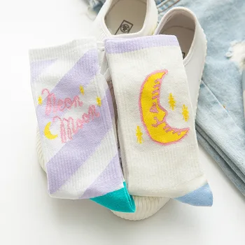 

LIONZONE Women Cartoon Moon Socks Purple White Stripe High Quality Cotton Socks Unisex Men/Women Streetwear Ankle Socks