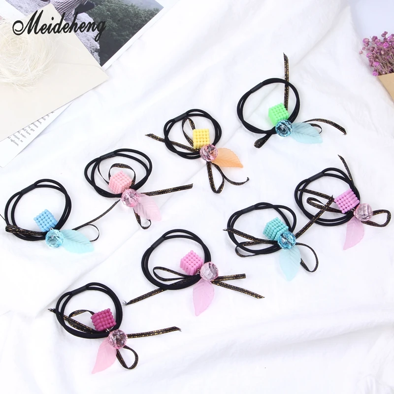 2pcs/set Fashion Ribbon Bowknot Block Grid Leaves Crystal Beads Hair Ties Bow Elastic Hair Band