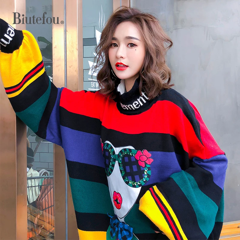 2019 Spring rainbow stripes loose plus size sweaters women fashion puff sleeve turtleneck knitted sweaters 2019 Spring rainbow stripes loose plus size sweaters women fashion puff sleeve turtleneck knitted sweaters