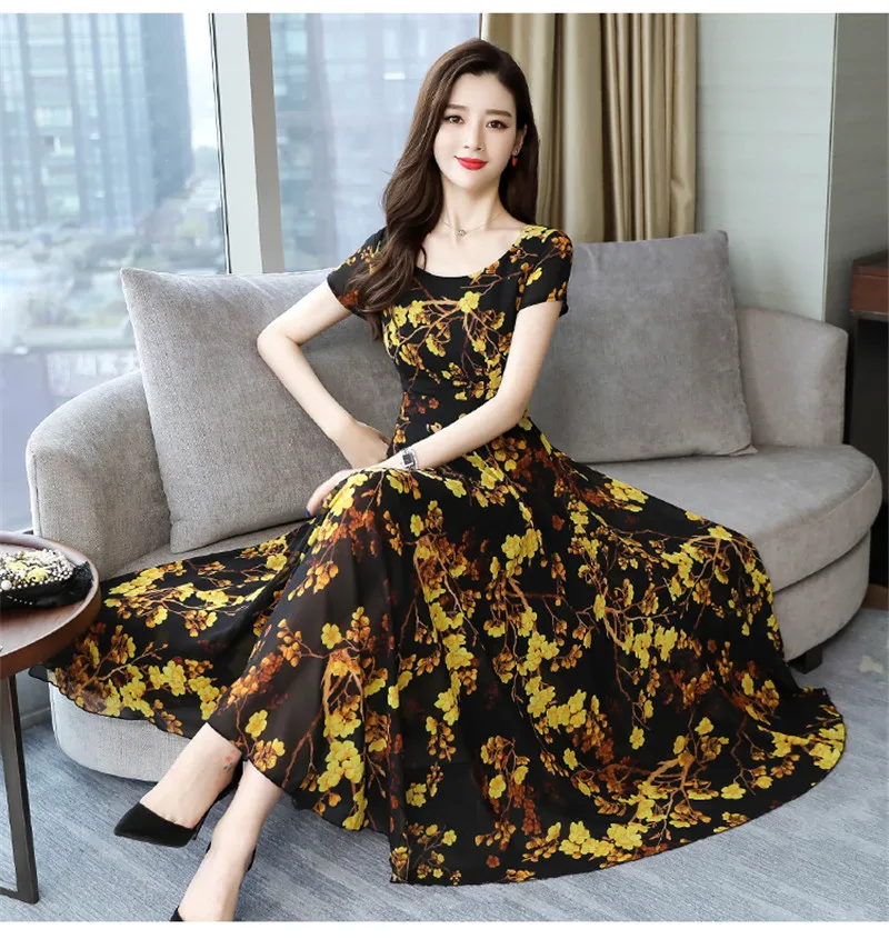 SexeMara Bohemian Style O-Neck Short-Sleeved Printed Temperament Waist Chiffon Long Large Dress 2019 Summer New Style (17)