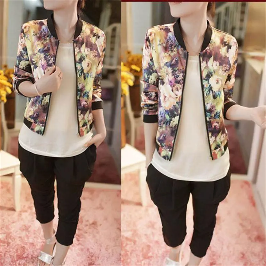 

2018 New Spring Fashion Women Jackets Stand Collar Coat Long Sleeve Zipper Floral Printed Bomber Jacket S~XXL Dropshipping
