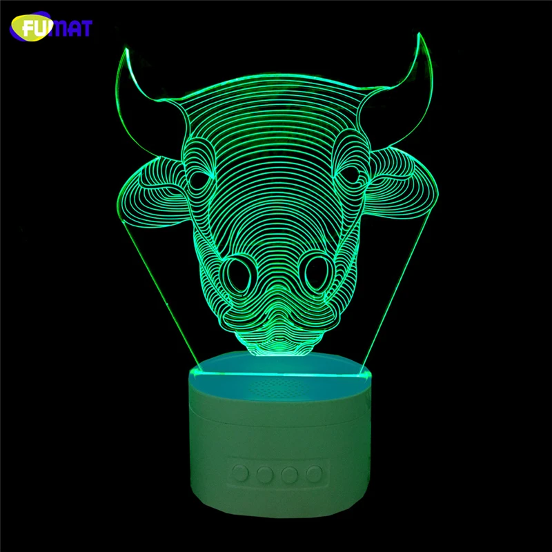 FUMAT Novelty 3D USB led Lamp Animal Bull Bluetooth Speaker Music 3D OX LED Night Light Color Changeable Lamparas Kid Gift