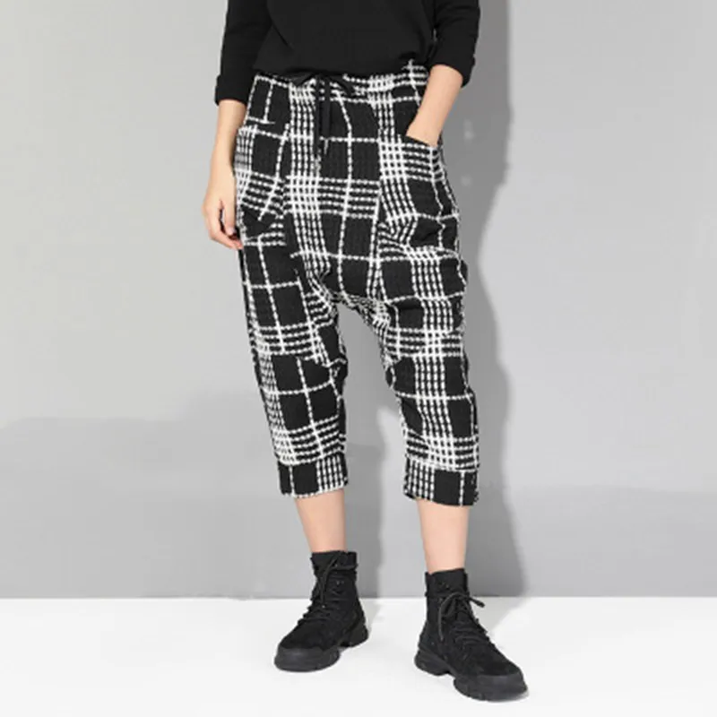 2019 Summer Women Casual Elastic Waist Harem Pants Pockets Black And White Plaid Loose Trousers Lace Up Ankle Length Pants 2019 Summer Women Casual Elastic Waist Harem Pants Pockets Black And White Plaid Loose Trousers Lace Up Ankle Length Pants