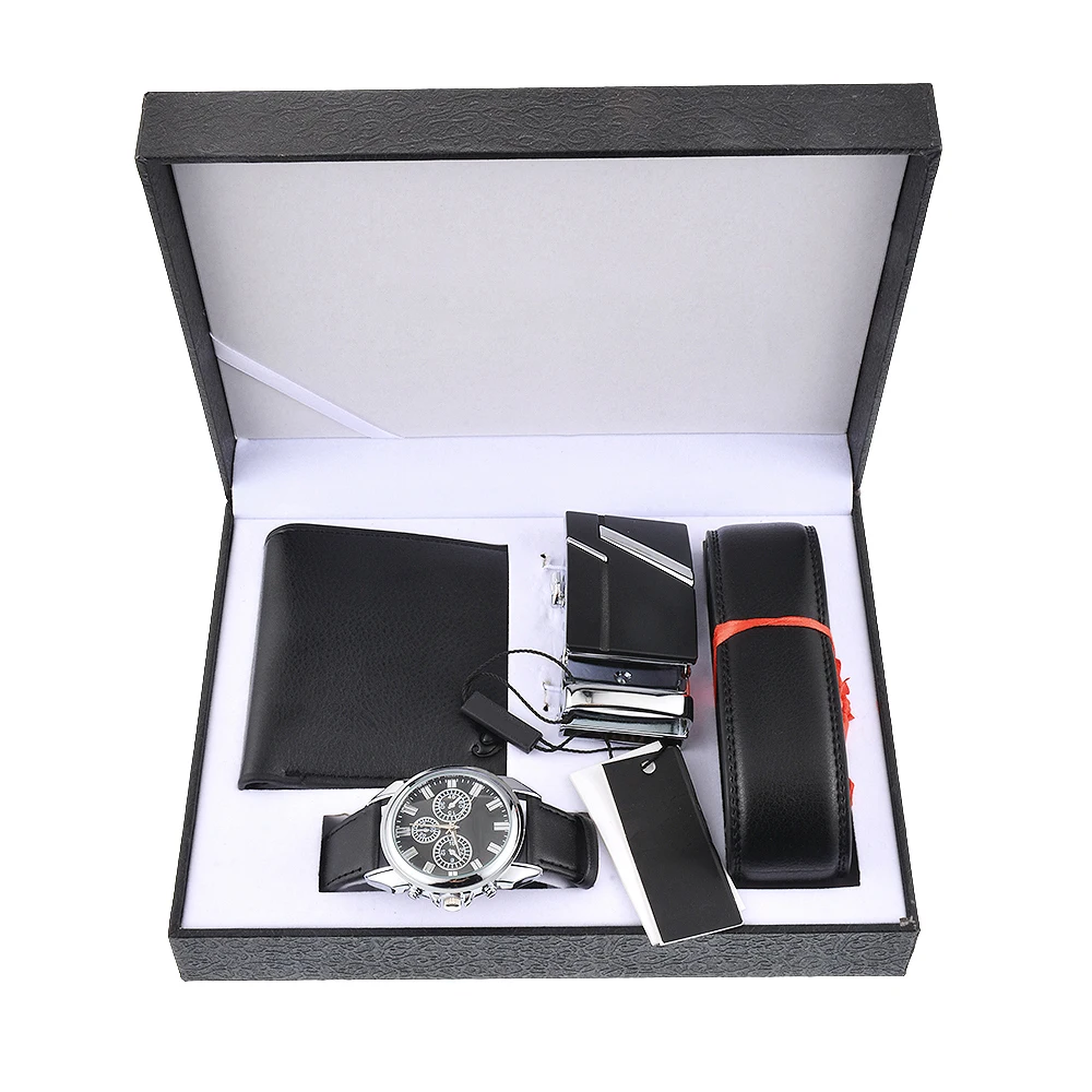 

LASPERAL 2018 Black Men Watch Gift Set Valentine's Day Multiple Time Zone Watch Leather Wallet Belt Gift Quartz Wrist Watch