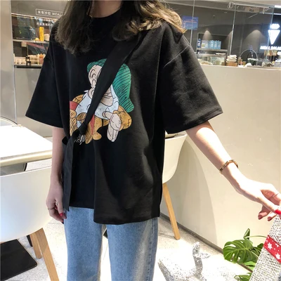 Женская летняя Модная брендовая футболка в Корейском стиле с мультяшным принтом, круглым вырезом и коротким рукавом, женские студенческие свободные футболки - Цвет: black