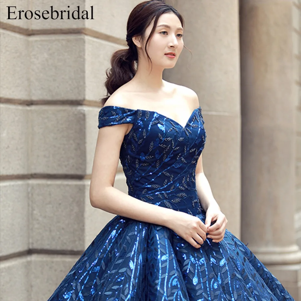 Бальное платье с открытыми плечами королевская платье для празднования 15-летия голубого цвета кружевные вечерние платья
