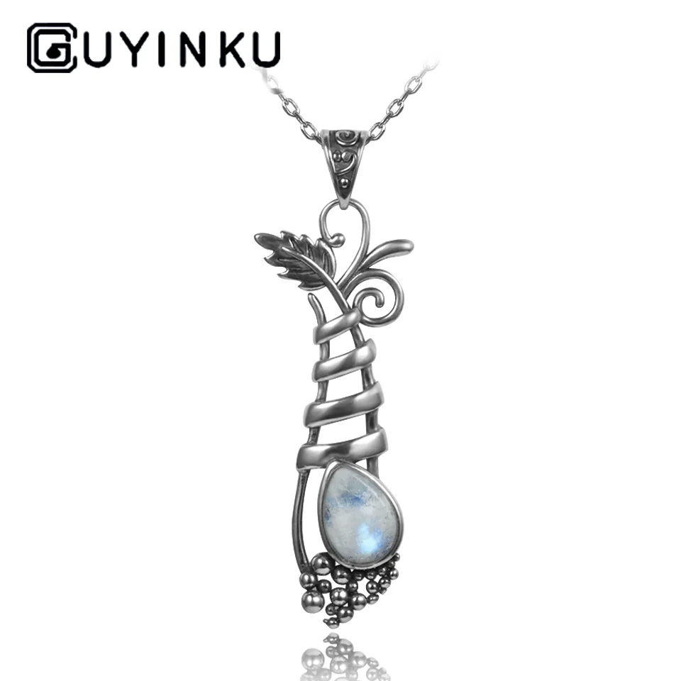 GUYINKU винтажное Настоящее чистое 925 пробы Серебряное ювелирное ожерелье с подвеской дизайн растений подвески из лунного камня вечерние Подарки для женщин