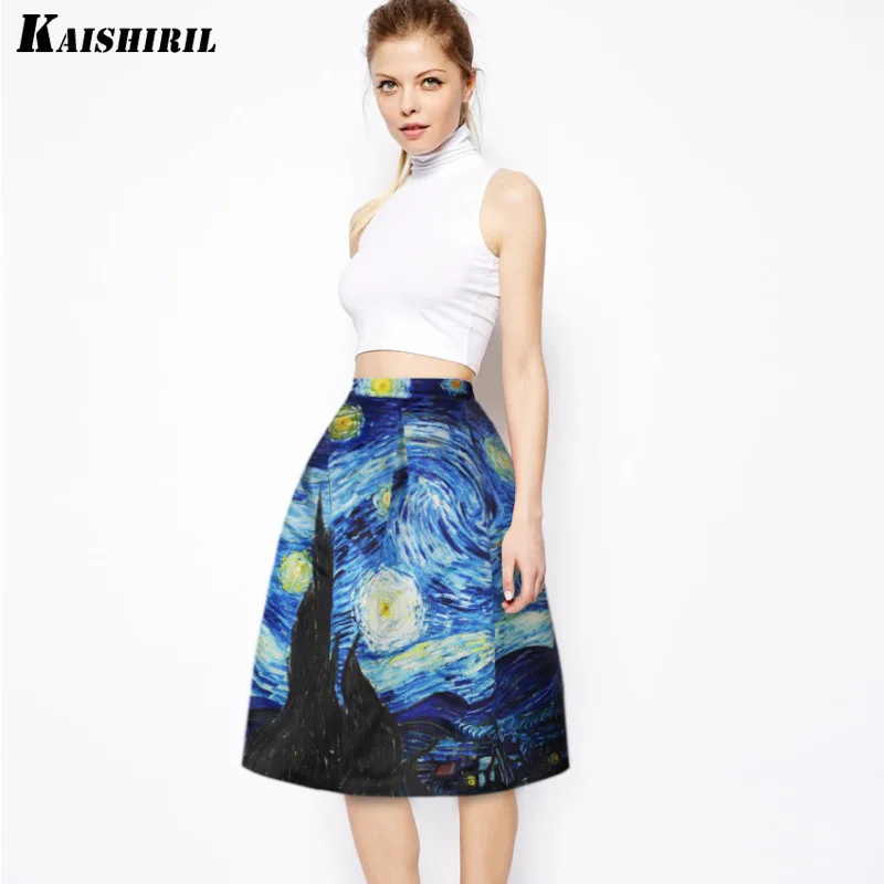 KAISHIRIL, женские летние юбки с высокой талией, Харадзюку, 3D принт, звездная ночь, юбка миди, модная, масляная живопись, трапециевидная юбка