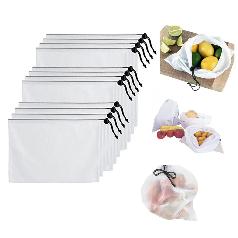 

12pcs 3 Sizes Reusable Vegetable Fruit Mesh Bags Rope Drawstring Pouch White Storage Produce Bags Home Kitchen Fruit Storage Bag