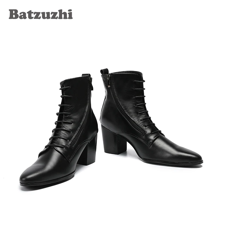 Boots Bota 6 up Dos Cm Alto Homens De Batzuzhi Homens Dedo Botas Apontado Ankle 8 Masculina Preto Genuínas Lace Salto Vestido Couro wggaqrTn7