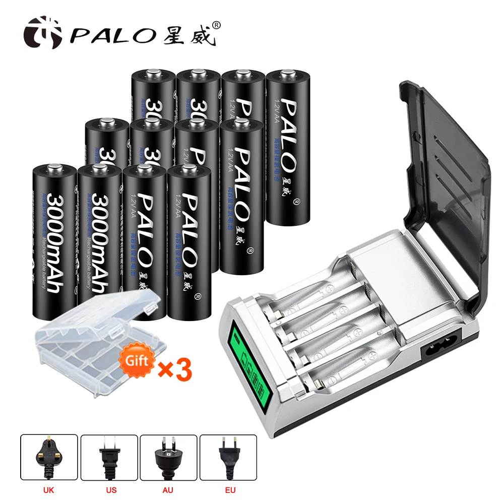 

PALO 12pcs aa rechargeable battery aa battery 3000mah 1.2v aa ni-mh battery for toy flashlight with a LCD charger for aa aaa