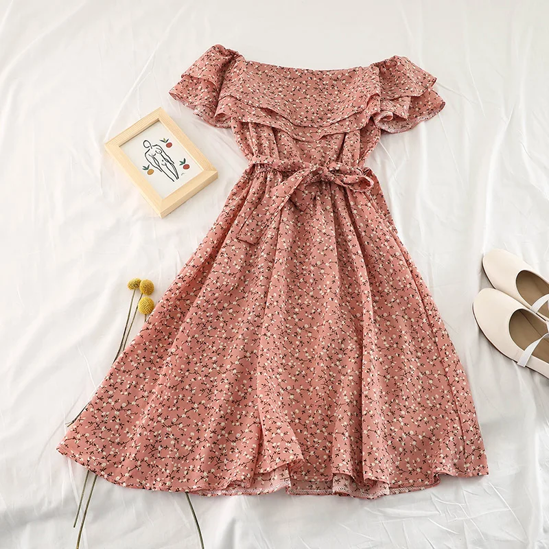 

2019 new fashion women's summer dresses Fresh Ruffled waist slimming straps bow chiffon floral dress