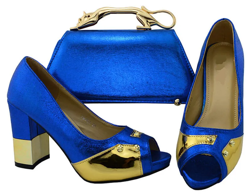 

Hot sale blue and gold color ladies pumps african shoes match handbag set for dress YM004,heel 9.5CM