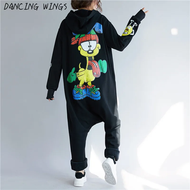 Dos bande dessinée imprimé barboteuses Harem pantalon combinaisons femmes salopette combishorts à capuche Hip Hop danse pantalon longue combinaison