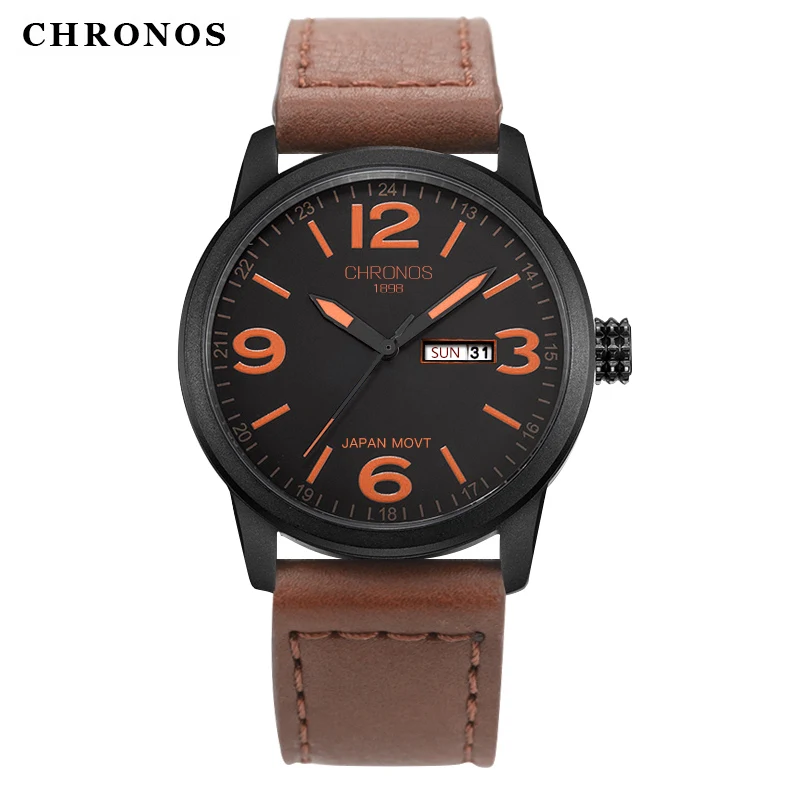 Мужские часы Chronos роскошные брендовые кварцевые наручные с кожаным ремешком