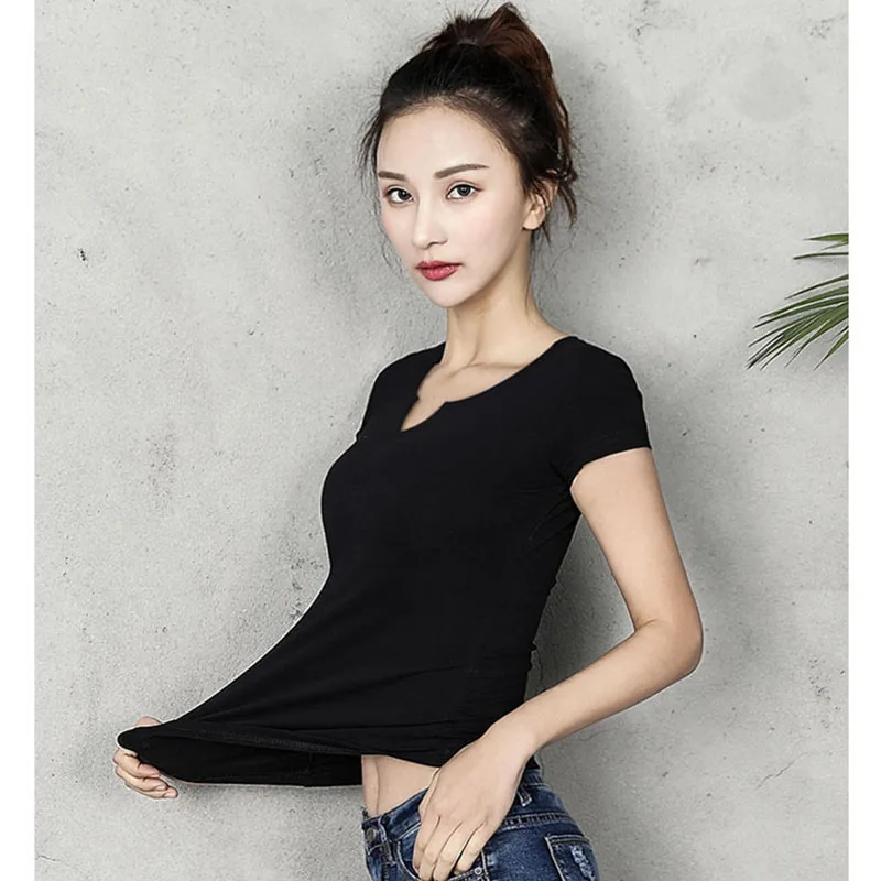 96% Cotton Women T-shirt v-neck Short Sleeve women shirt All match Lady Top Black White Gray Yellow Shir