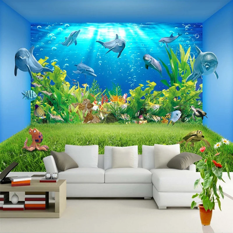 

Custom 3D Wall Murals Wallpaper Underwater World Dolphin Creative Stereoscopic Space Living Room TV Background Wall Painting Art