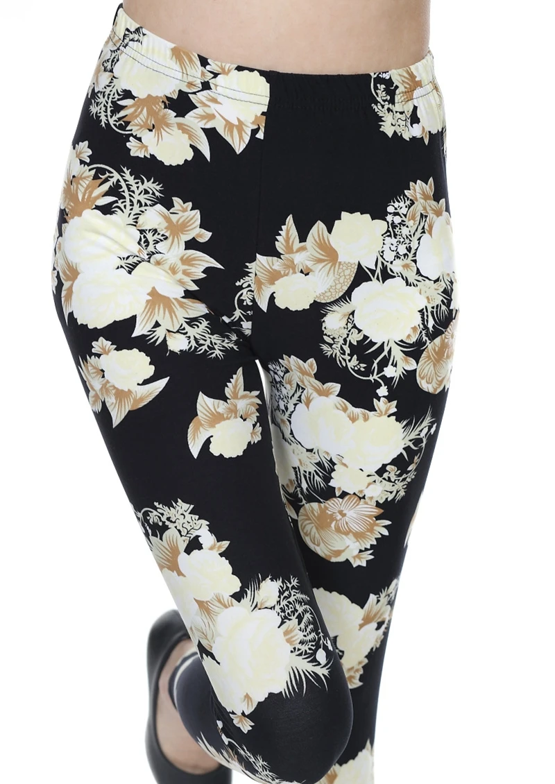 lady casual black floral Leggings soft Milk Cute Flower Gardenia Print Pants Mid Waist Slim