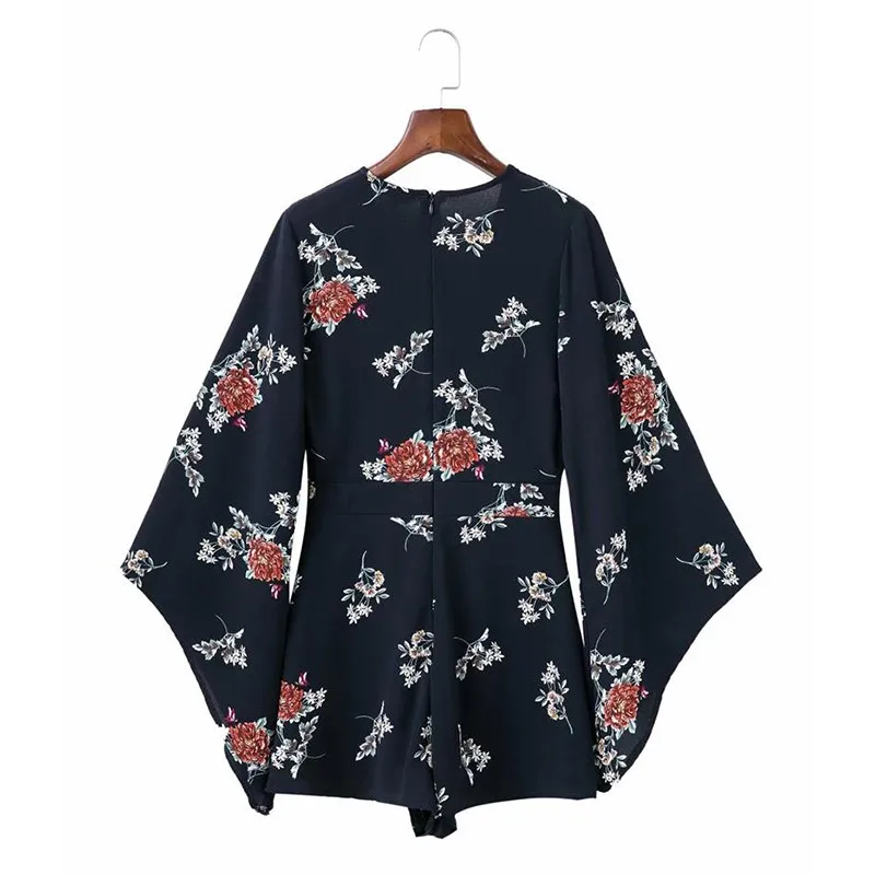 yinlinhe White V neck Sexy Summer Playsuit long Flare Sleeve Floral Women Playsuit Slim Waist Elegant bohemian Rompers  6