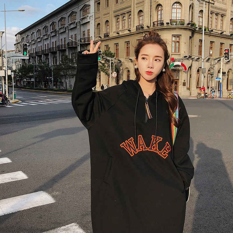 L-3XL New Fall Winter Women Letter Print Loose hoodies Dress Girl streetwear Trend Fashion Long Style Pullovers Sweatshirts