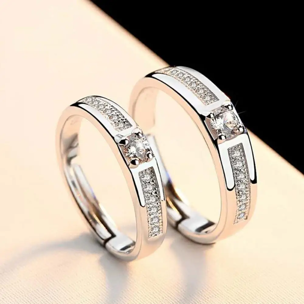 

925 Silver Rhinestone Lovers Ring Fashion Simple Opening Adjustable Zircon Couple Jewelry Engagement Rings Birthday Gift