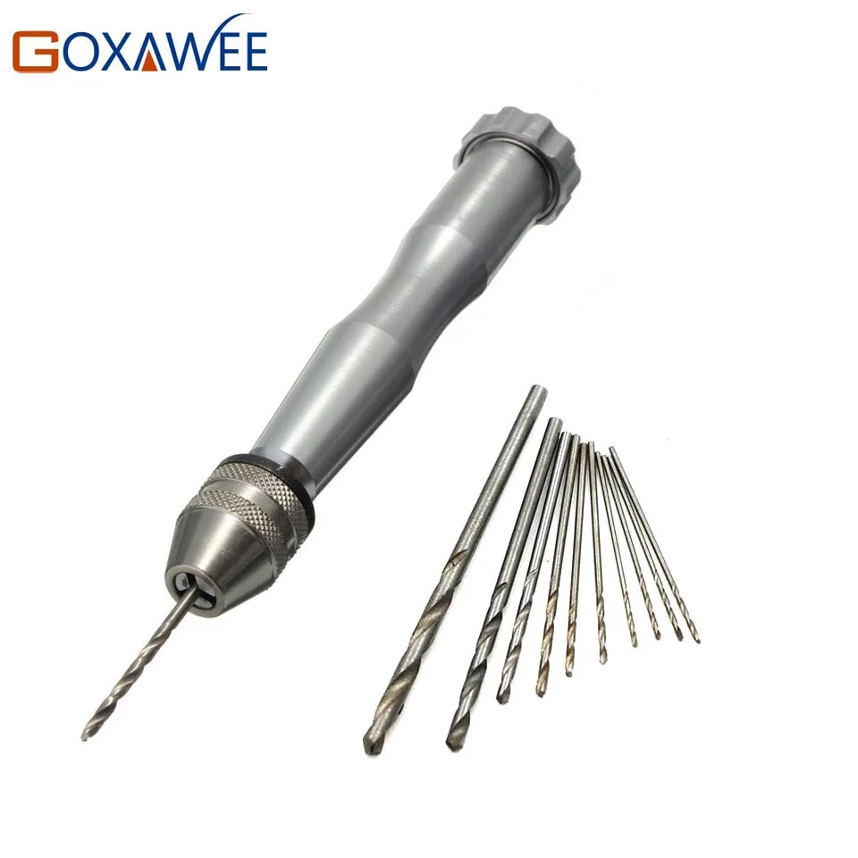 GOXAWEE Mini Micro Aluminum Hand Drill with Keyless Chuck with 10pcs HSS Twist Drill Bits Rotary Tool Wood Drilling 0.1-3.2mm GOXAWEE Mini Micro Aluminum Hand Drill with Keyless Chuck with 10pcs HSS Twist Drill Bits Rotary Tool Wood Drilling 0.1-3.2mm