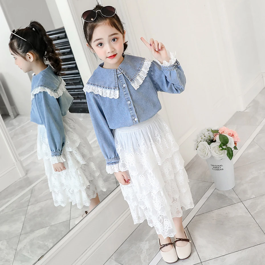 

Spring Girls Clothes Set Denim Set Girls Lace Kids Clothes Set 6 8 12 Year Kids Blouse Holiday 2 Pcs Teen Girl Clothing Autumn