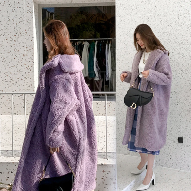 Nagodo Lamb Fur Coat 2018 Winter Thick Warm long Overcoat Causal Loose oversized Faux Fur Coats Women violet wool coat S -XL