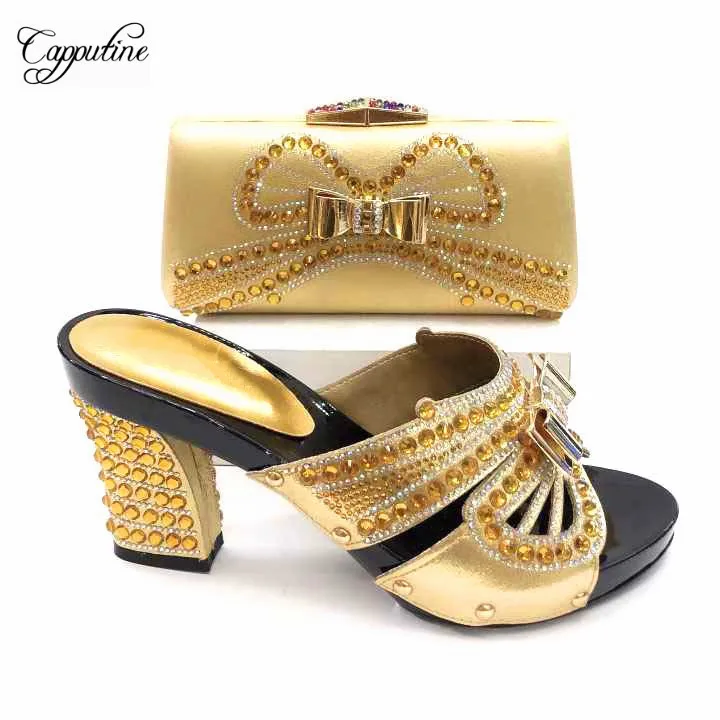 

Graceful gold set high heel slip-on shoes with purse nice shoes and evenin handbag sets with rhinestones AS711, heel height 10cm
