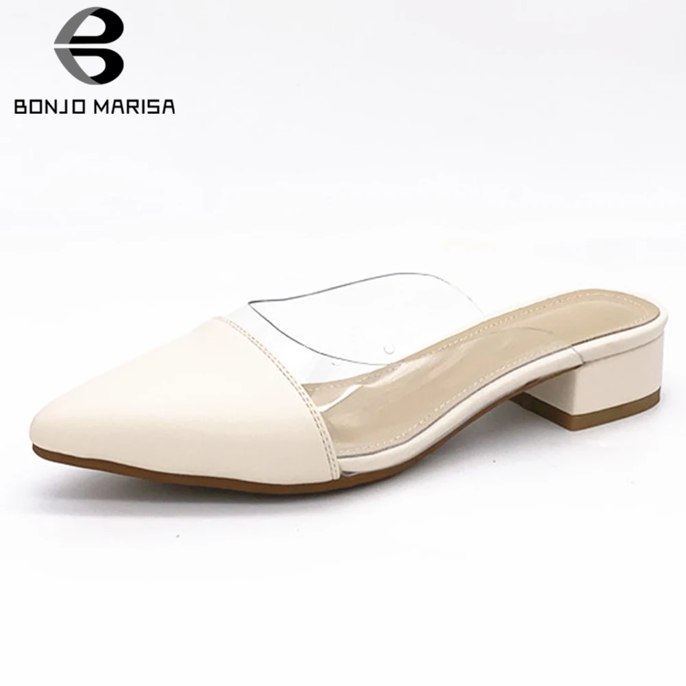 

BONJOMARISA New Fashion Dropship Slip On Summer Pumps Mules Woman Shoes Chunky Heels Hot Black Shoes Woman Mules Pumps Female