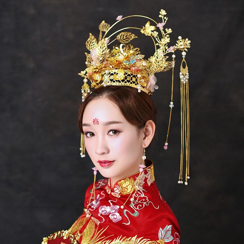 Vintage Chinese Style Wedding Hair Tiaras Crown Pink Flower Gold