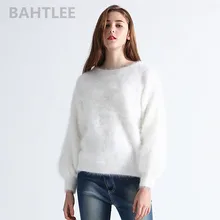 BAHTLEE Autumn winter  women's angora rabbit knitted pullovers sweater O-NECK lantern sleeve mink cashmere thick keep warm