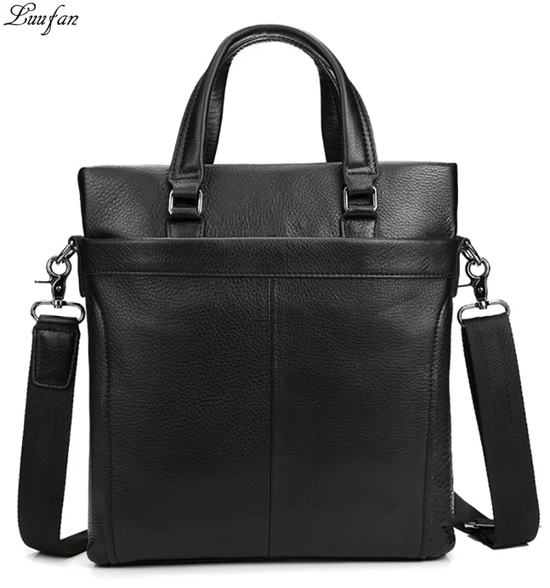 Men's genuine leather tote bag Black A4 cow leather business bag 2 use cowhide shoulder bag handbag for work or go out