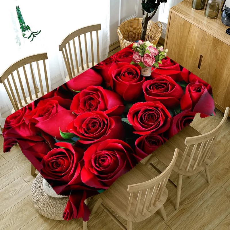 

Red roseTablecloth European Functional Table Cloth for Picnic Party 3D Tablecloths Rectangular 9 Sizes