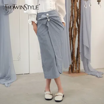 

TWOTWINSTYLE Striped Pearls Button Women's Skirt High Waist Irregular Hem Midi Skirt Female Korean Fashion Clothing New 2020