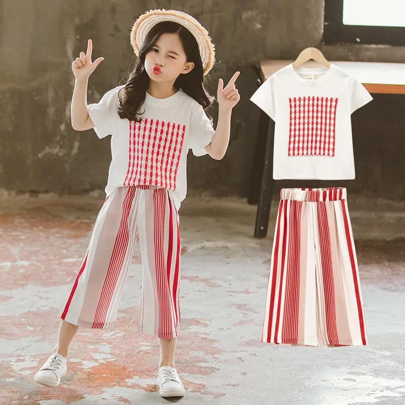 

Children Clothing Girls Clothes Set Fashion Stripe Letter Print T-Shirt Set+Pants Outfits Kids Summer Suit Clothes for Teenagers