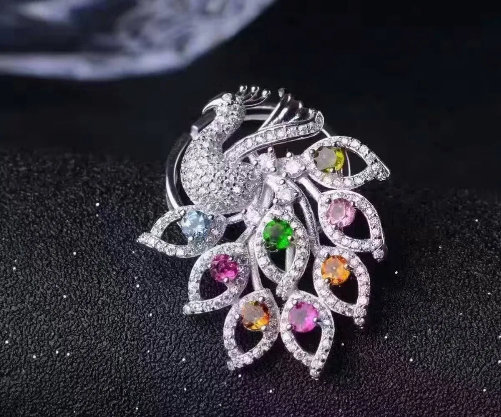 

Natural multicolor tourmaline Ring S925 Silver Natural Gem Ring Pendant Personality Two wears Phoenix Women's wedding Jewelry