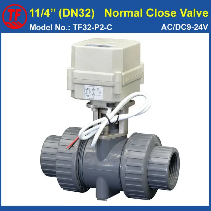 

TF32-P2-C AC/DC9-24V 2 Wires 11/4'' UPVC DN32 Electric Normal Close Valve BSP or NPT Thread 10NM On/Off 15 Sec Metal Gear CE