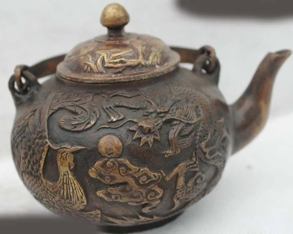 

4"China Chinese Folk Bronze Lucky Dragon phoenix kettle water jug Statue