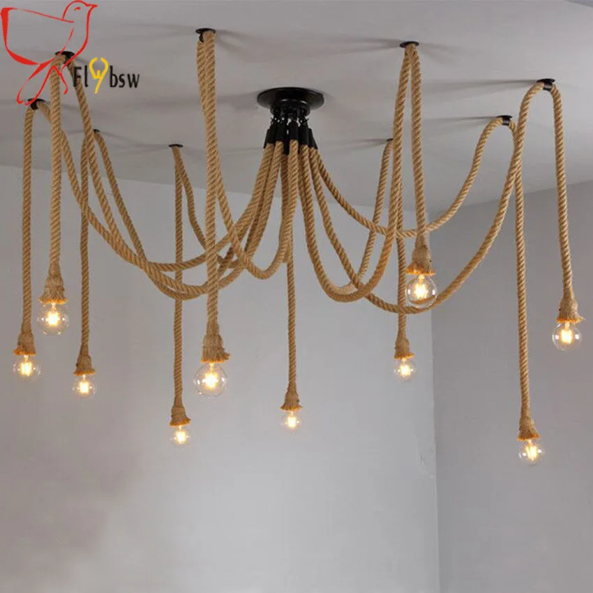 

6-10 heads DIY Creative hemp rope chandelier,200cm rope spider shape retro Industrial hanging suspend lamp for restaurant bar